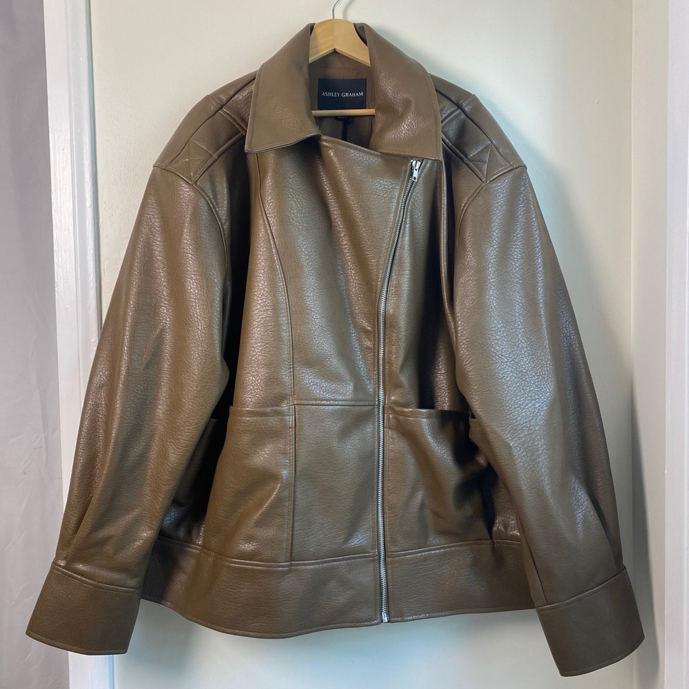 Ashley Graham Faux Leather Jacket Womens 3X Light Brown Moto Oversized Chic